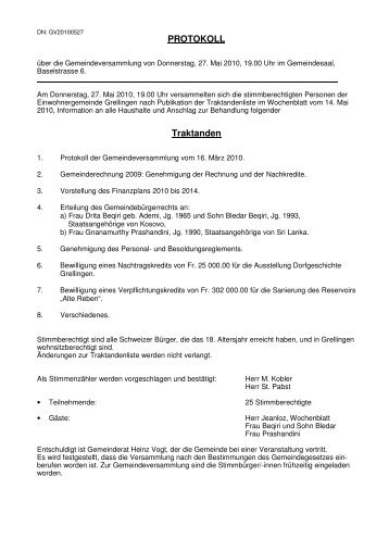 Protokoll vom 27. Mai 2010 - Grellingen
