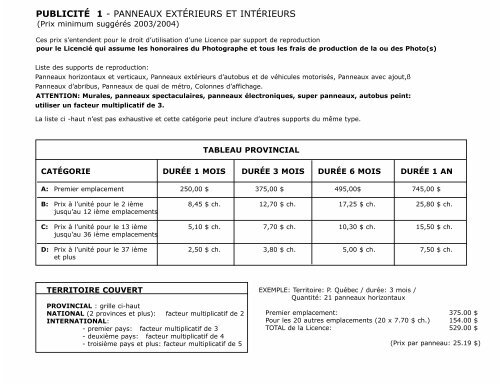 Grille tarifaire de la CAPIC