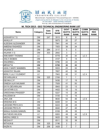 m. tech 2013 - geo technical engineering rank list - Marian ...