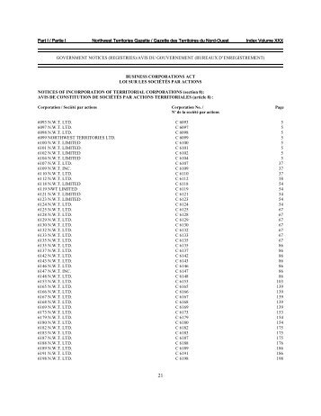 Part I / Partie I Northwest Territories Gazette / Gazette des Territoires ...