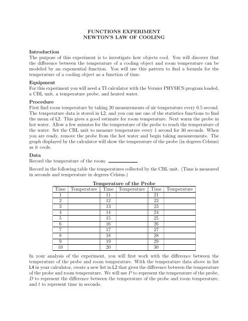 FUNCTIONS EXPERIMENT NEWTON'S LAW OF COOLING ...