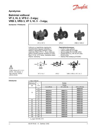 Balniniai vožtuvai VF 2, VL 2, VFS 2 - 2 eigų; VRB 3, VRG ... - Danfoss