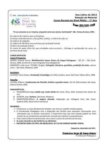 Ano Letivo de 2012 Relação de Material Curso Normal em ... - CNSL