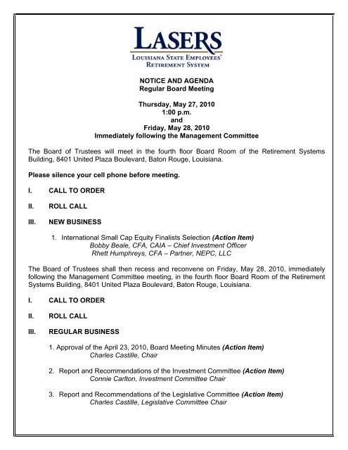 Notice And Agenda Regular Board Meeting Thursday May 27