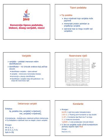 Konverzija tipova podataka, blokovi, doseg varijabli, nizovi Tipovi ...