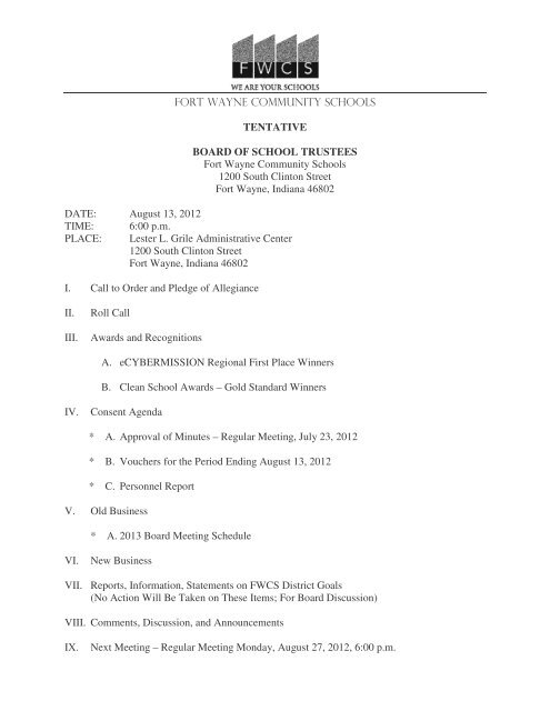 FORT WAYNE COMMUNITY SCHOOLS TENTATIVE BOARD OF ...