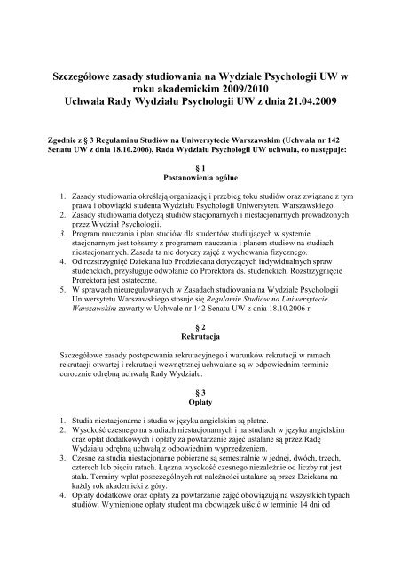 SzczegÃ³Åowe zasady studiowania na Wydziale Psychologii UW w ...