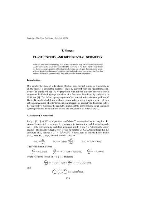 T. Hangan ELASTIC STRIPS AND DIFFERENTIAL GEOMETRY