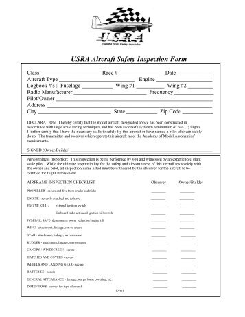 Aircraft Safety Inspection Form - Unlimited Scale Racing Association