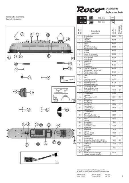 Ersatzteilliste Replacement Parts 63739 69739 BR 103 BR 103 - Roco