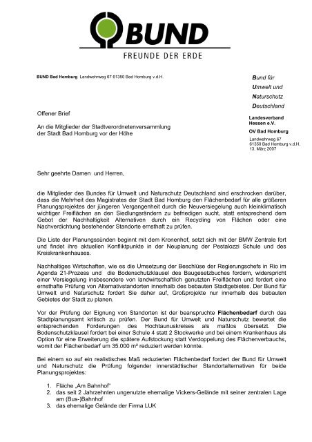 Bund fÃ¼r Umwelt und Naturschutz Deutschland Offener Brief An die 