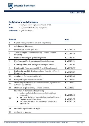 KommunfullmÃ¤ktiges kallelse+handlingar 2012 ... - SotenÃ¤s kommun