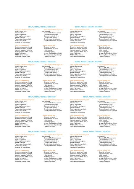 Assault Checklist SEXUAL ASSAULT CONSULT CHECKLIST Prior to patient entering ...