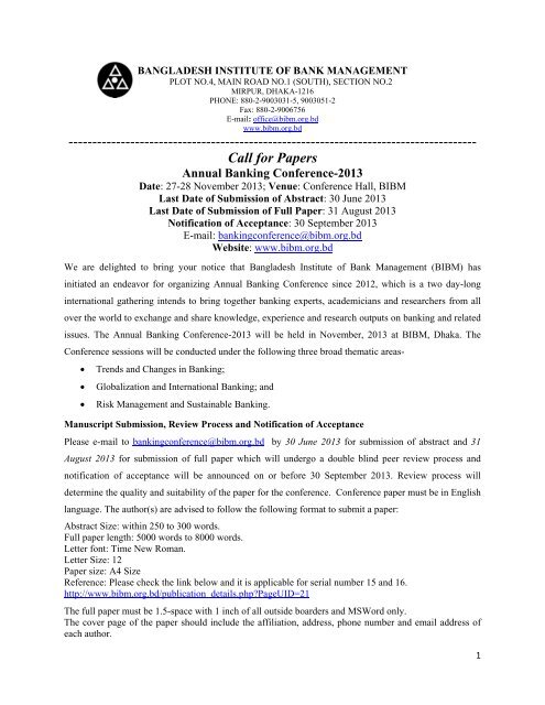 Call for Papers - Bangladesh Institute of Bank Management