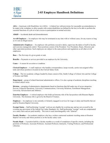 2-03 Employee Handbook Definitions - Houston Baptist University