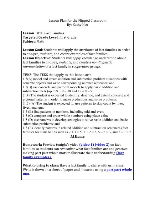 Lesson Plan for the Flipped Classroom By: Kathy Hsu Lesson Title: