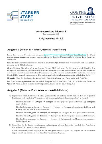 Vorsemesterkurs Informatik Aufgabenblatt Nr. I.2 Aufgabe 1 (Fehler ...