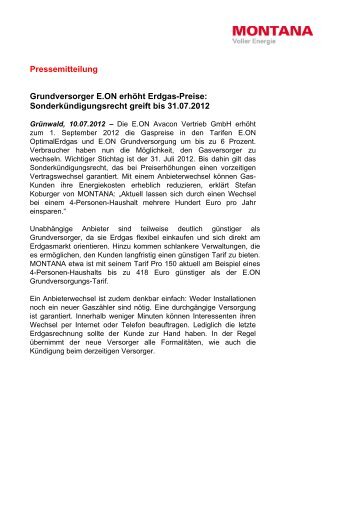 Pressemitteilung Grundversorger E.ON erhöht Erdgas-Preise ...