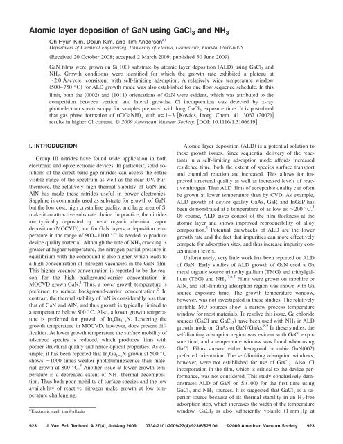 Atomic layer deposition of GaN using GaCl3 and NH3