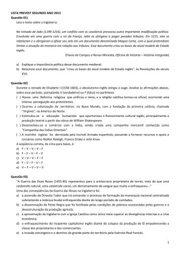 1 LISTA PREVEST SEGUNDO ANO 2013 QuestÃ£o 01) Leia o texto ...