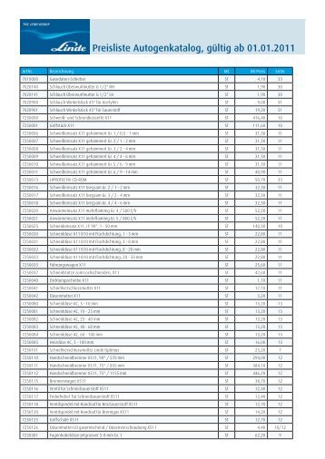 Preisliste Autogenkatalog, gültig ab 01.01.2011 - Linde Gas