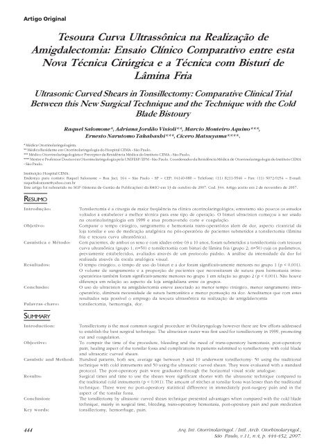 Tesoura Curva UltrassÃ´nica na RealizaÃ§Ã£o de Amigdalectomia ...