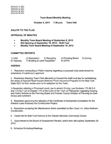 Town Board Monthly Meeting October 4,2011 7:30 p.m. Town Hall ...