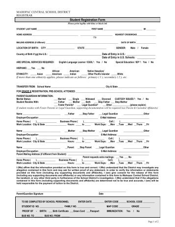 Student Registration Form - Mahopac Central School District