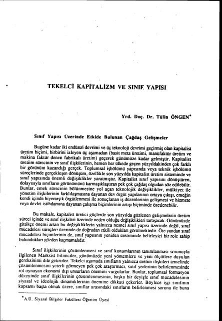 Tekelci Kapitalizm ve SÄ±nÄ±f YapÄ±sÄ± - Siyasal Bilgiler FakÃ¼ltesi