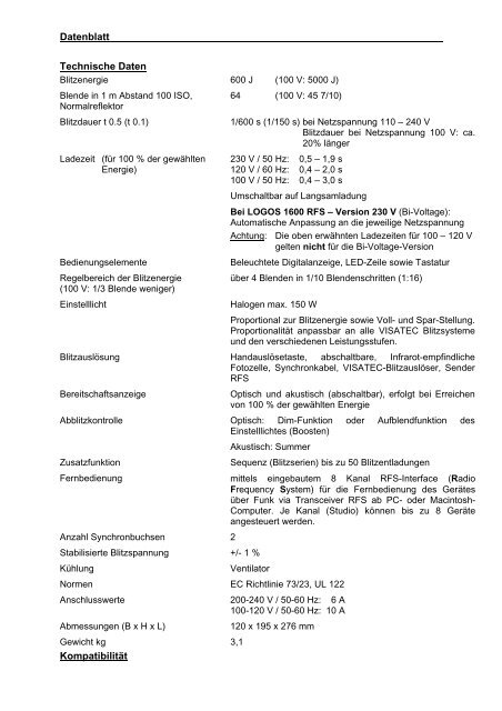 Datenblatt Produktbezeichnung LOGOS 1600 RFS 200 ... - VISATEC