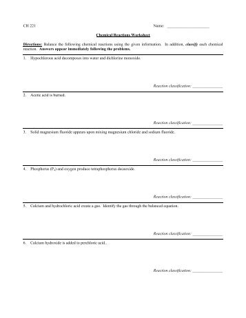 Chemical Reactions Worksheet 221