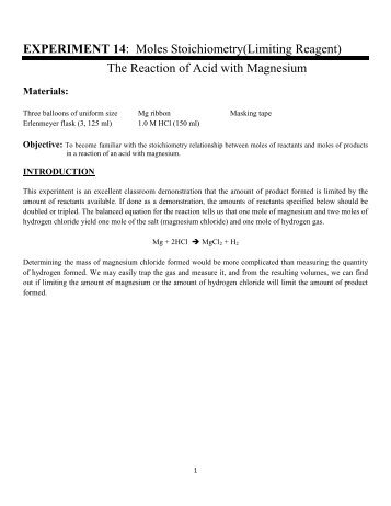 EXPERIMENT 14: Moles Stoichiometry(Limiting Reagent) The ...