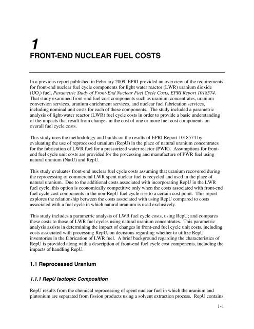 Parametric Study of Front-End Nuclear Fuel Cycle Costs Using ...