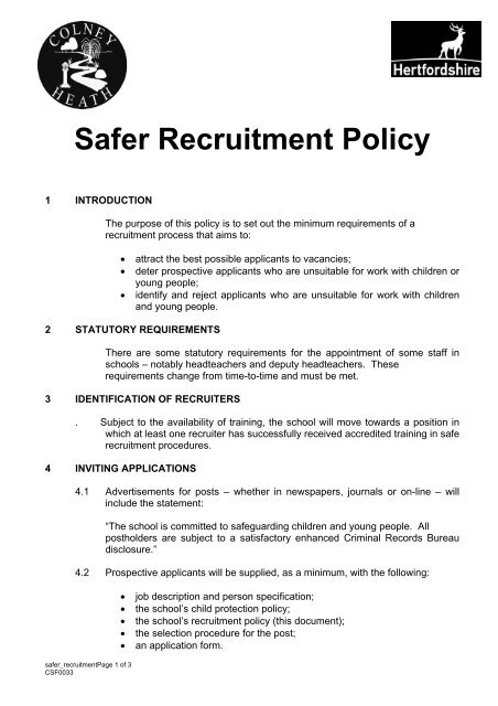 Safer Recruitment Policy - Colney Heath School
