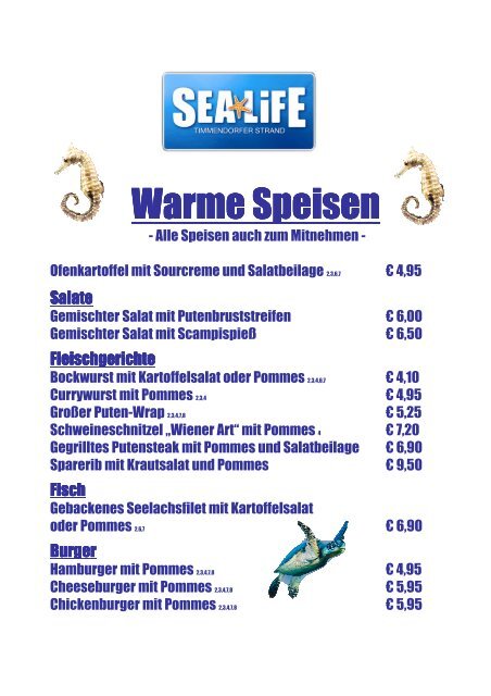 Speisekarte Restaurant SEA LIFE Timmendorfer Strand