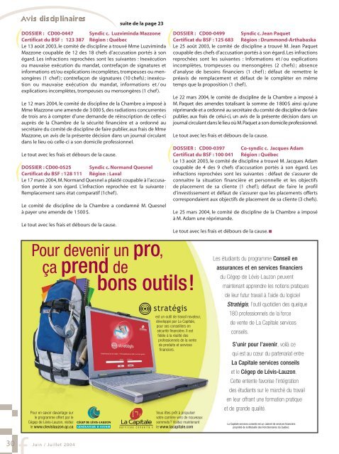 JUIN / JUILLET 2004 Vol. 29, no 3 - Chambre de la sÃ©curitÃ© financiÃ¨re