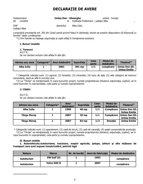 Declaratie de avere si interese - Prefectura JudeÅ£ului Alba