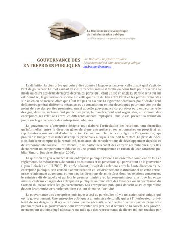 GOUVERNANCE DES ENTREPRISES PUBLIQUES - Dictionnaire ...