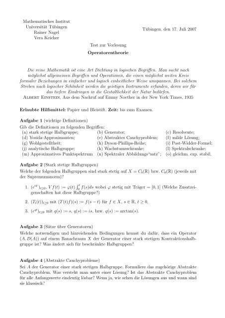 Mathematisches Institut Universität Tübingen Rainer Nagel Vera ...