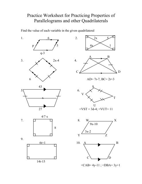 Practice Worksheet for Practicing Properties of Parallelograms and 