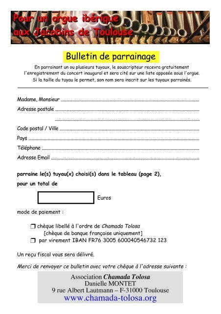 Bulletin de parrainage (VECTORI - France Orgue