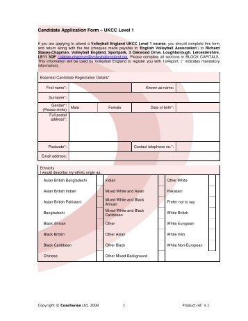 Candidate Application Form – UKCC Level 1