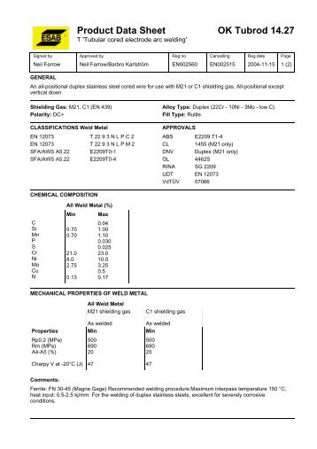 Product Data Sheet OK Tubrod 14.27 - Eurocardis