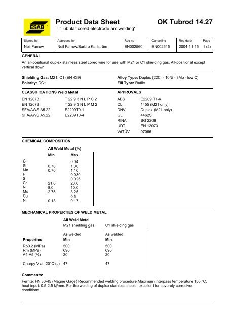 Product Data Sheet OK Tubrod 14.27 - Eurocardis