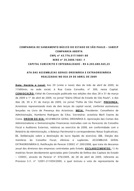 Leia a ata na Ã­ntegra - Sabesp