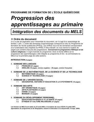 Progression des apprentissages au primaire - RÃ©seau Cybersavoir