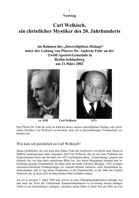 Carl Welkisch, ein christlicher Mystiker des 20. Jarhunderts