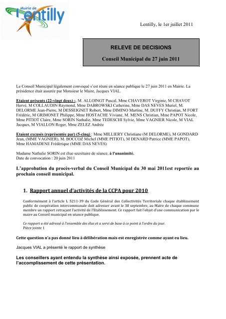 1. Rapport annuel d'activités de la CCPA pour 2010 ... - Lentilly