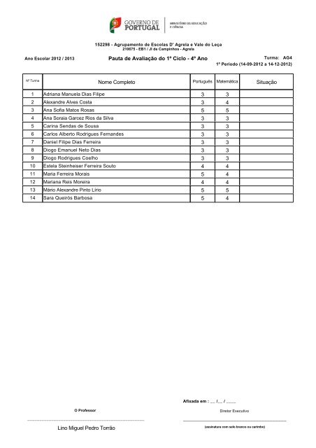 Pauta de AvaliaÃ§Ã£o do 1Âº Ciclo - 4Âº Ano Nome Completo SituaÃ§Ã£o 3 ...