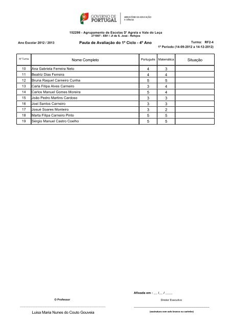 Pauta de AvaliaÃ§Ã£o do 1Âº Ciclo - 4Âº Ano Nome Completo SituaÃ§Ã£o 3 ...